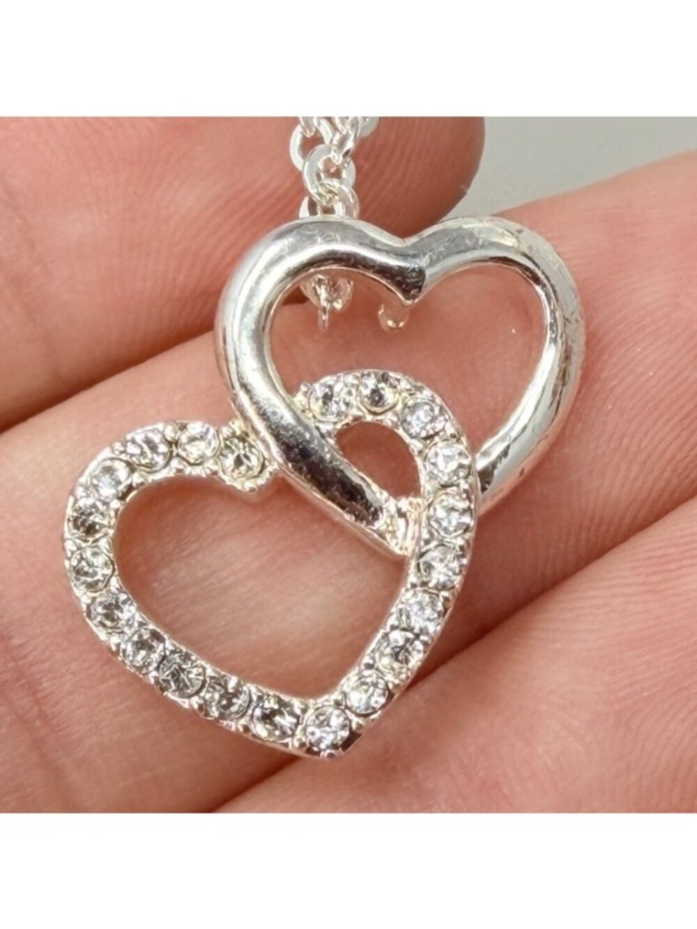 Vintage Double Heart Necklace Made with Swarovski Crystal Sterling Overlay Y2K - Picture 6 of 8